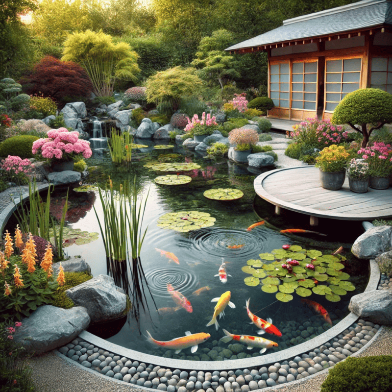 Bassin de carpes en pierre à côté d'une maison japonaise